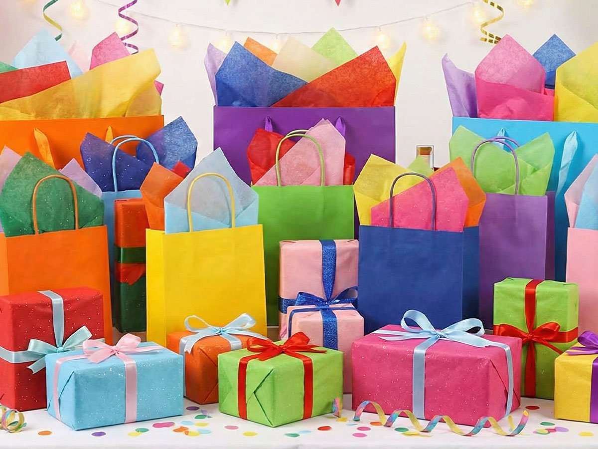 Assortment of colorful gift bags and wrapped presents filled with tissue paper, arranged on a table with decorative string lights in the background.