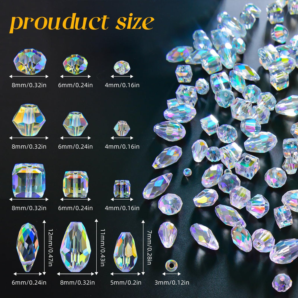 Various crystal glass beads in different shapes and sizes, with size dimensions indicated.