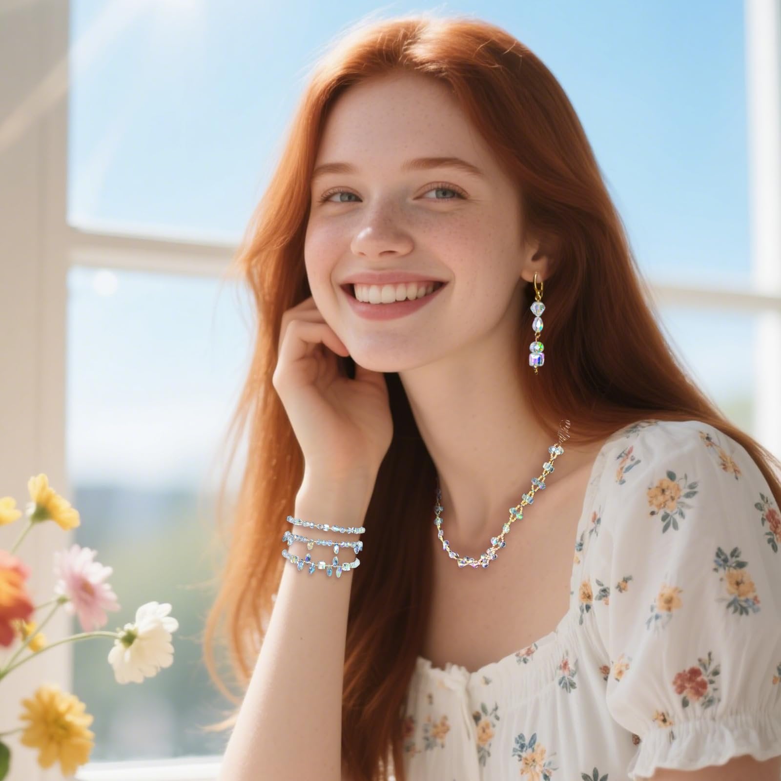 Smiling woman with red hair wearing crystal bead jewelry including earrings, necklace, and bracelets.