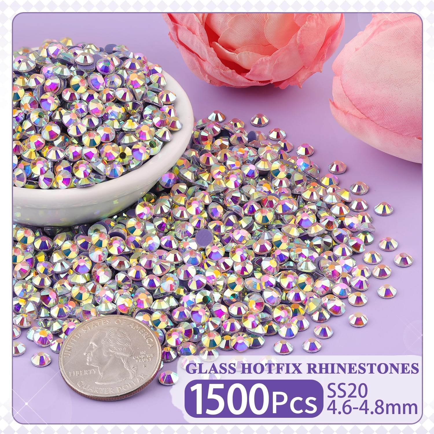 Pile of iridescent SS20 glass hotfix rhinestones with a quarter for size reference, and pink fabric flowers in the background.