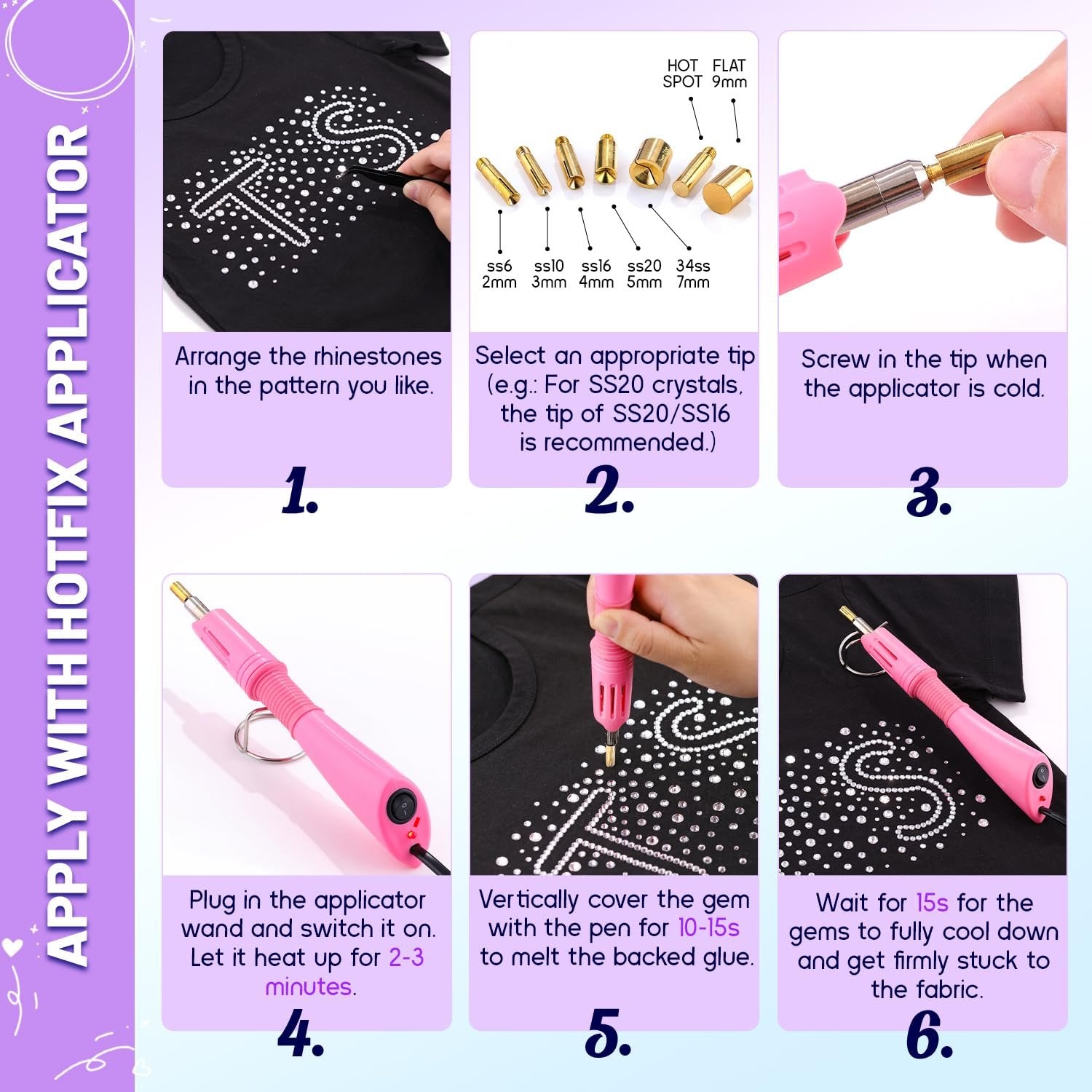 Hotfix applicator instructions showing six steps for applying rhinestones to fabric.