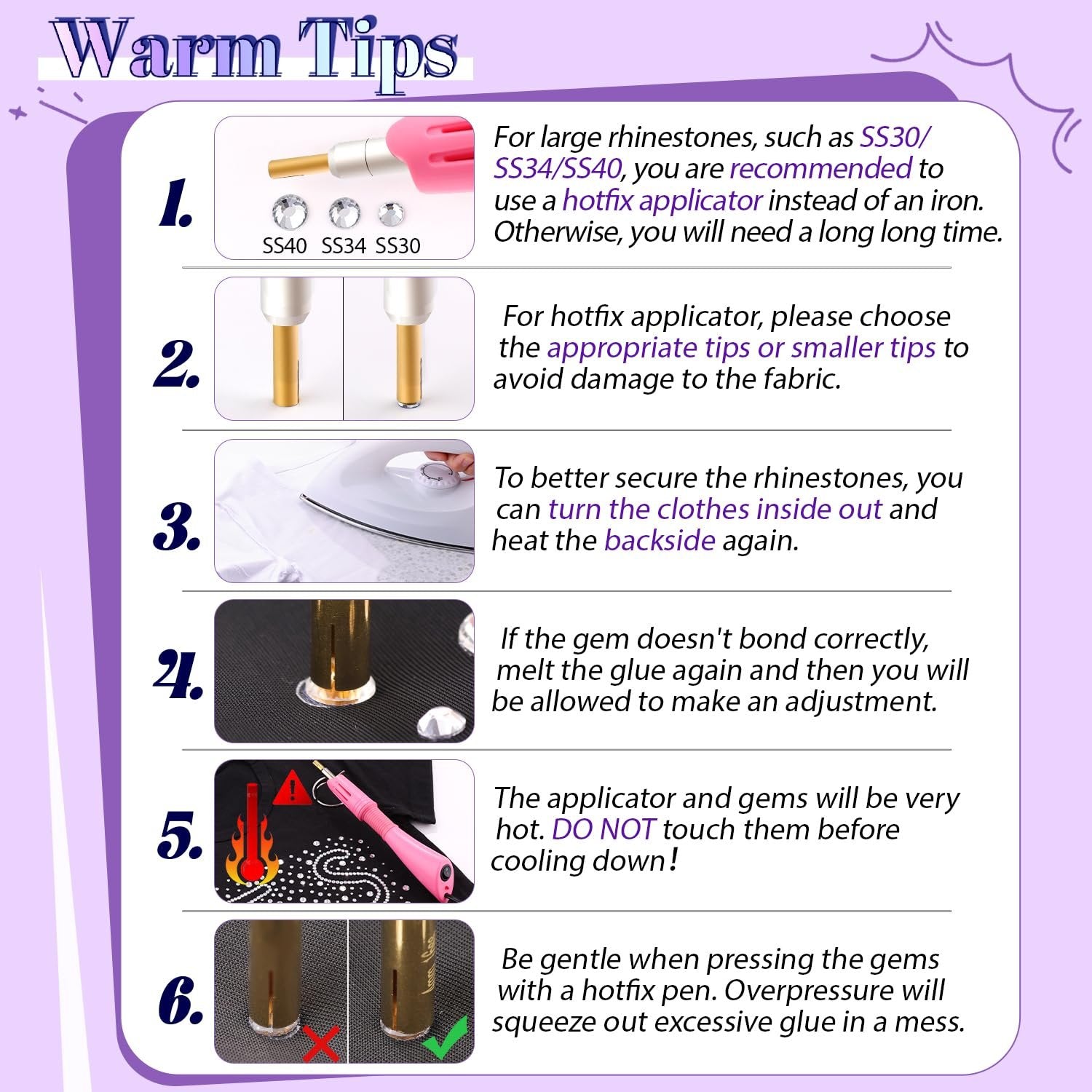 Infographic showing 6 warm tips for applying hotfix rhinestones with a hotfix applicator.