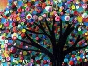 Colorful tree art made from assorted round buttons, showing a black silhouette of a tree with branches filled with many small, vibrant buttons.