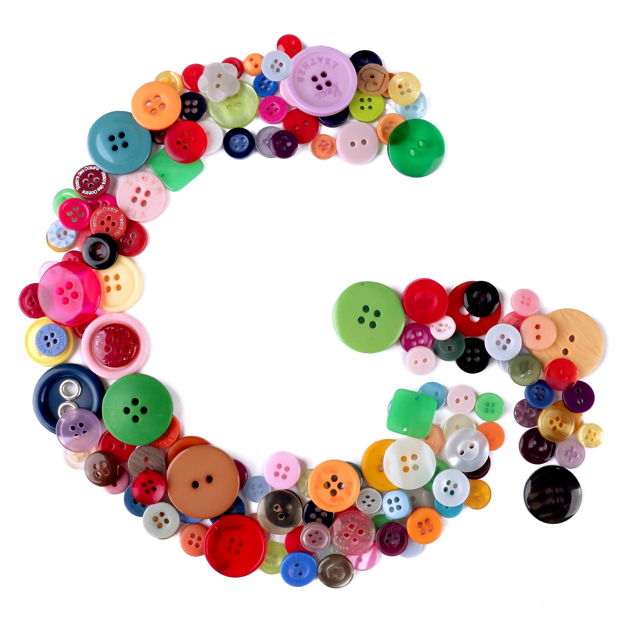 Assorted round and square buttons arranged in the shape of the letter G on a white background.