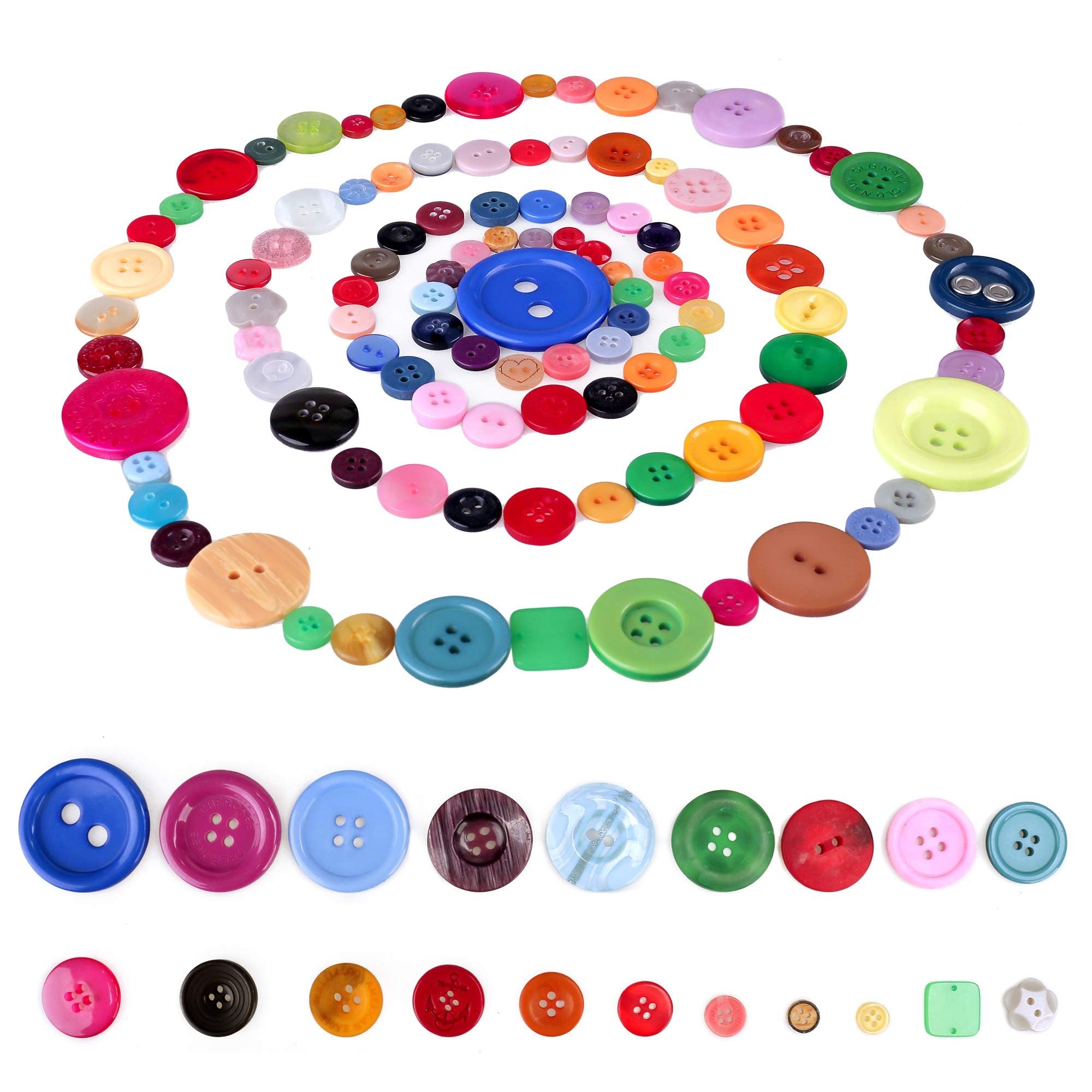 Assorted round and square buttons in various colors and sizes arranged in a spiral and a row.