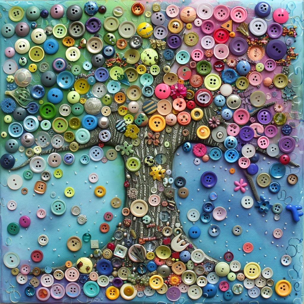 Colorful tree artwork made from assorted round buttons and embellishments on a blue background.