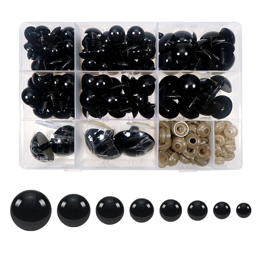 Black plastic safety eyes and washers in a divided clear plastic case, with individual eyes shown below.