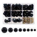 Black plastic safety eyes and washers in a divided clear plastic case, with individual eyes shown below.