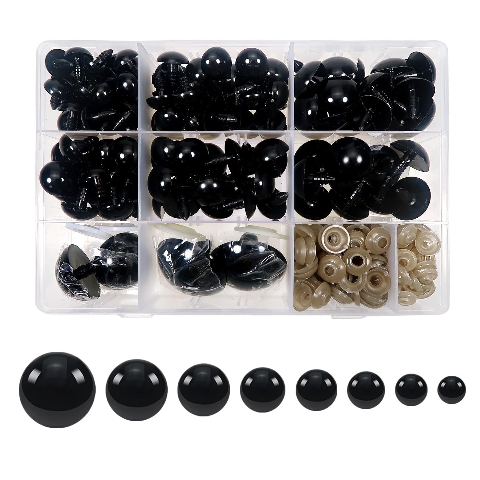Black plastic safety eyes and washers in a divided clear plastic case, with individual eyes shown below.