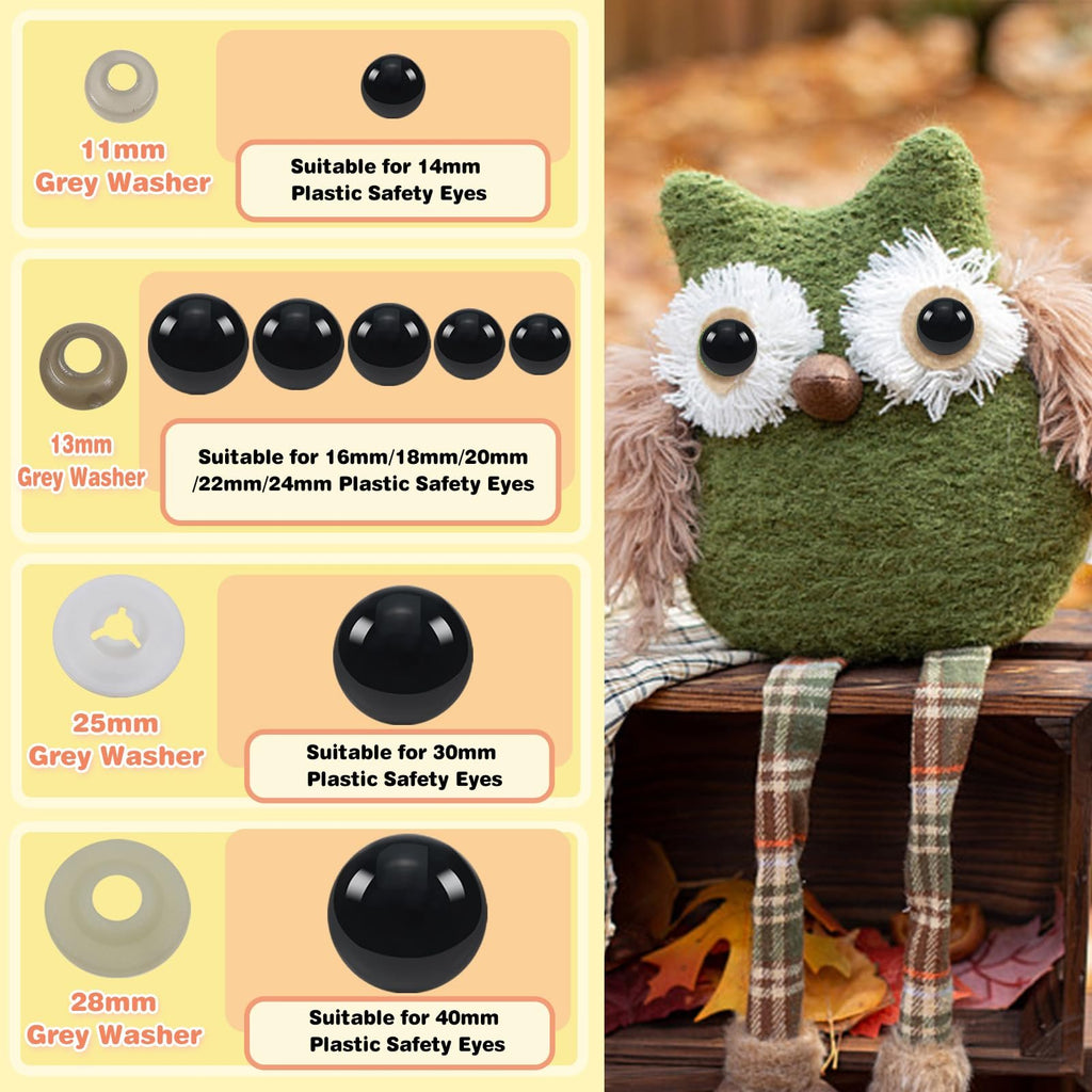 Assortment of black plastic safety eyes and grey washers with a plush owl in a wooden crate