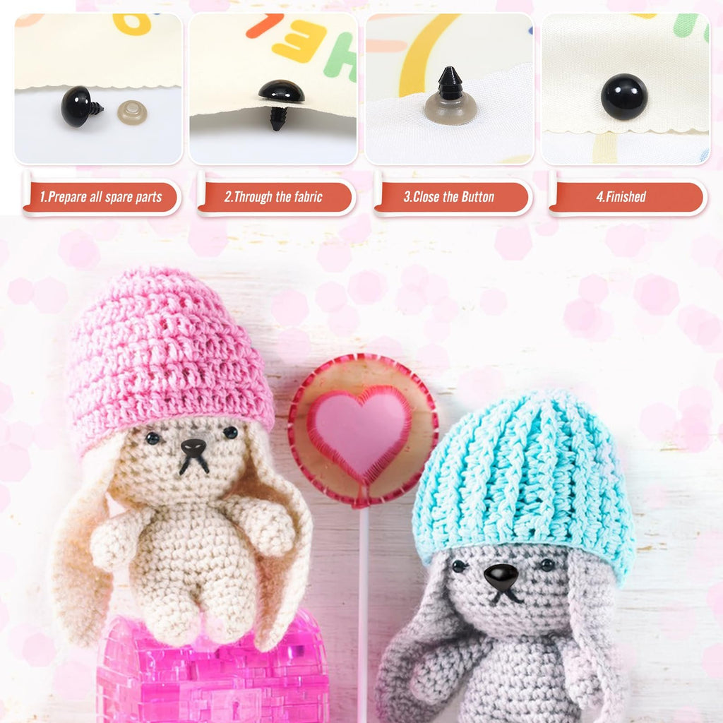 Crocheted bunnies with safety eyes and knitted hats, next to a heart lollipop, with instructional steps above.