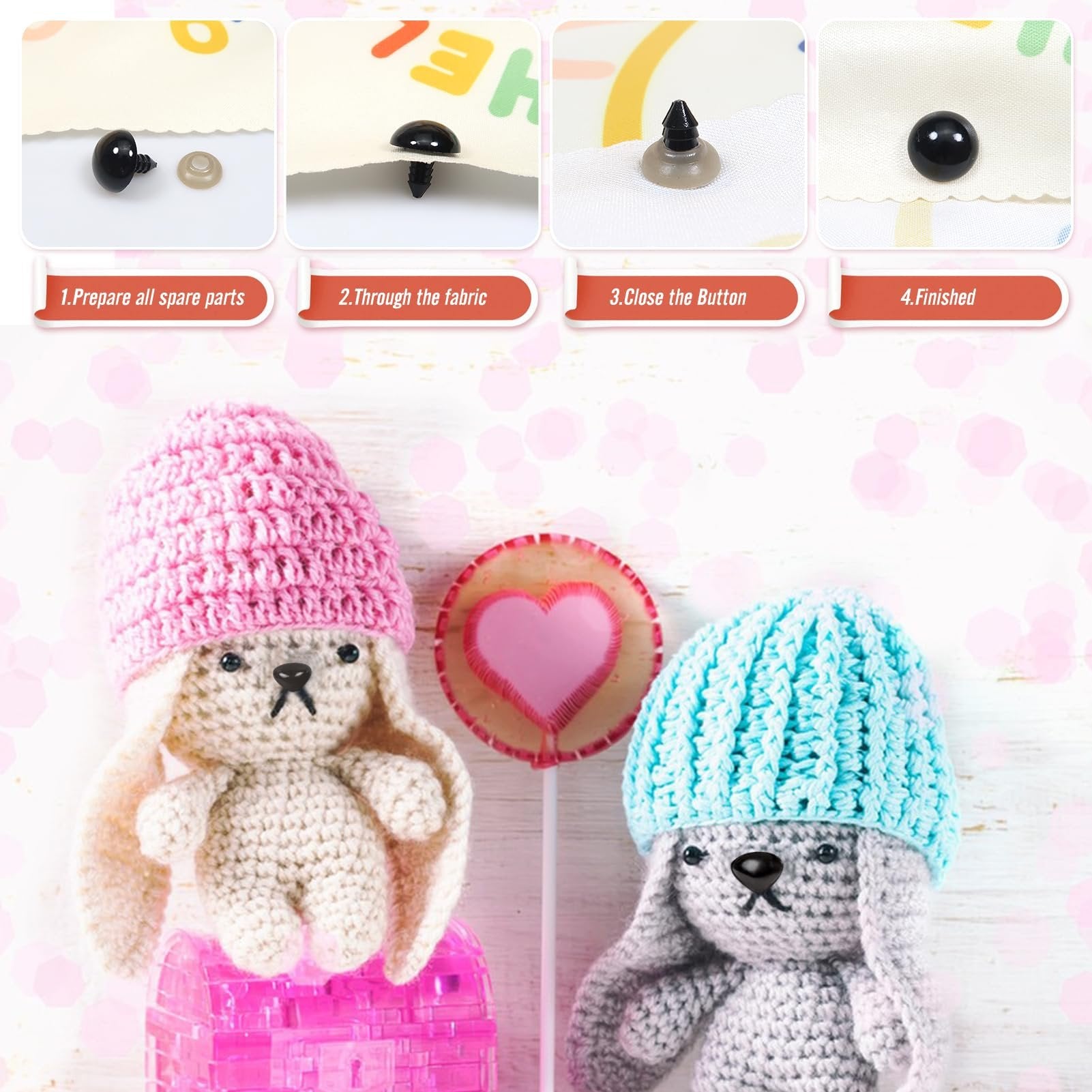 Crocheted bunnies with safety eyes and knitted hats, next to a heart lollipop, with instructional steps above.