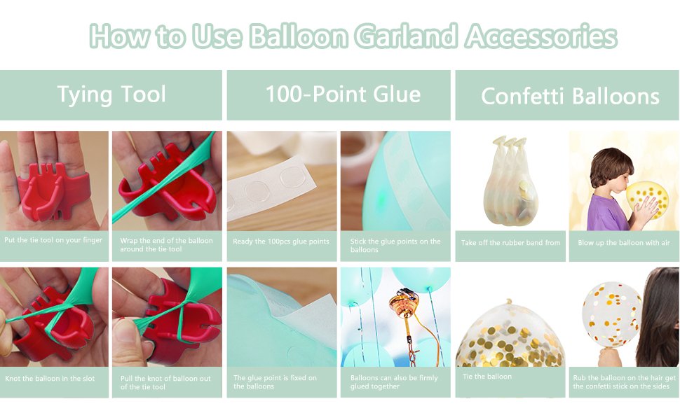 Collage showing how to use balloon garland accessories including tying tool, glue dots, and confetti balloons.