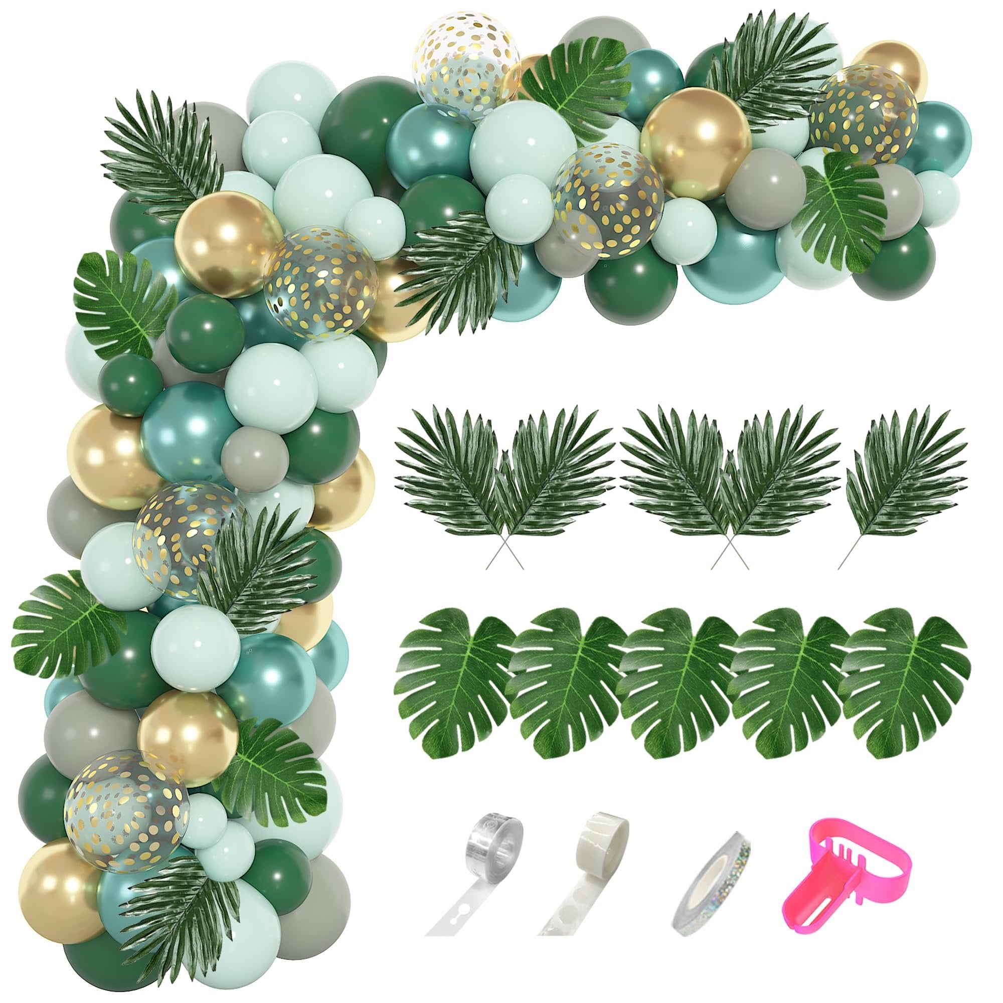 Jungle safari balloon garland kit with metallic green, gold, and gray balloons, artificial palm leaves, and balloon accessories on a white background.