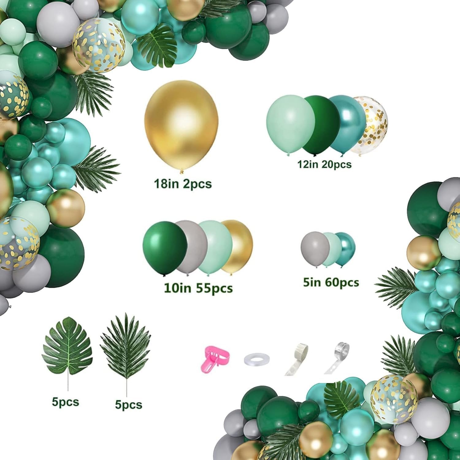 Jungle safari balloon garland kit with metallic green, gold, gray balloons and artificial palm leaves.