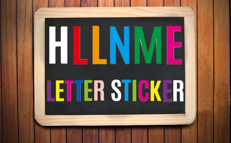 Chalkboard with colorful alphabet and number stickers spelling out 'LETTER STICKER'