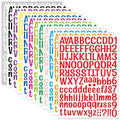 Sheets of vinyl alphabet and number stickers in various colors, fanned out.
