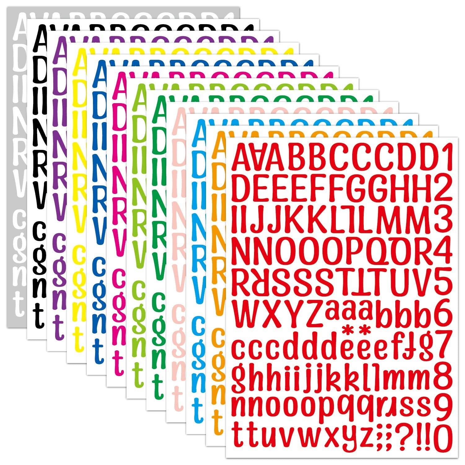Sheets of vinyl alphabet and number stickers in various colors, fanned out.
