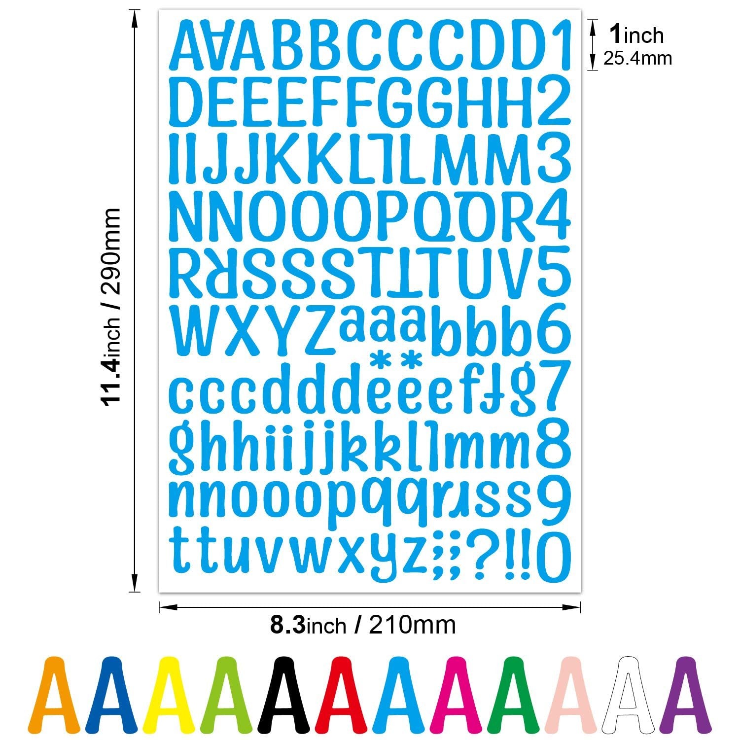 Sheet of blue vinyl alphabet and number stickers, showing uppercase and lowercase letters, numbers, and symbols, with dimensions indicated.