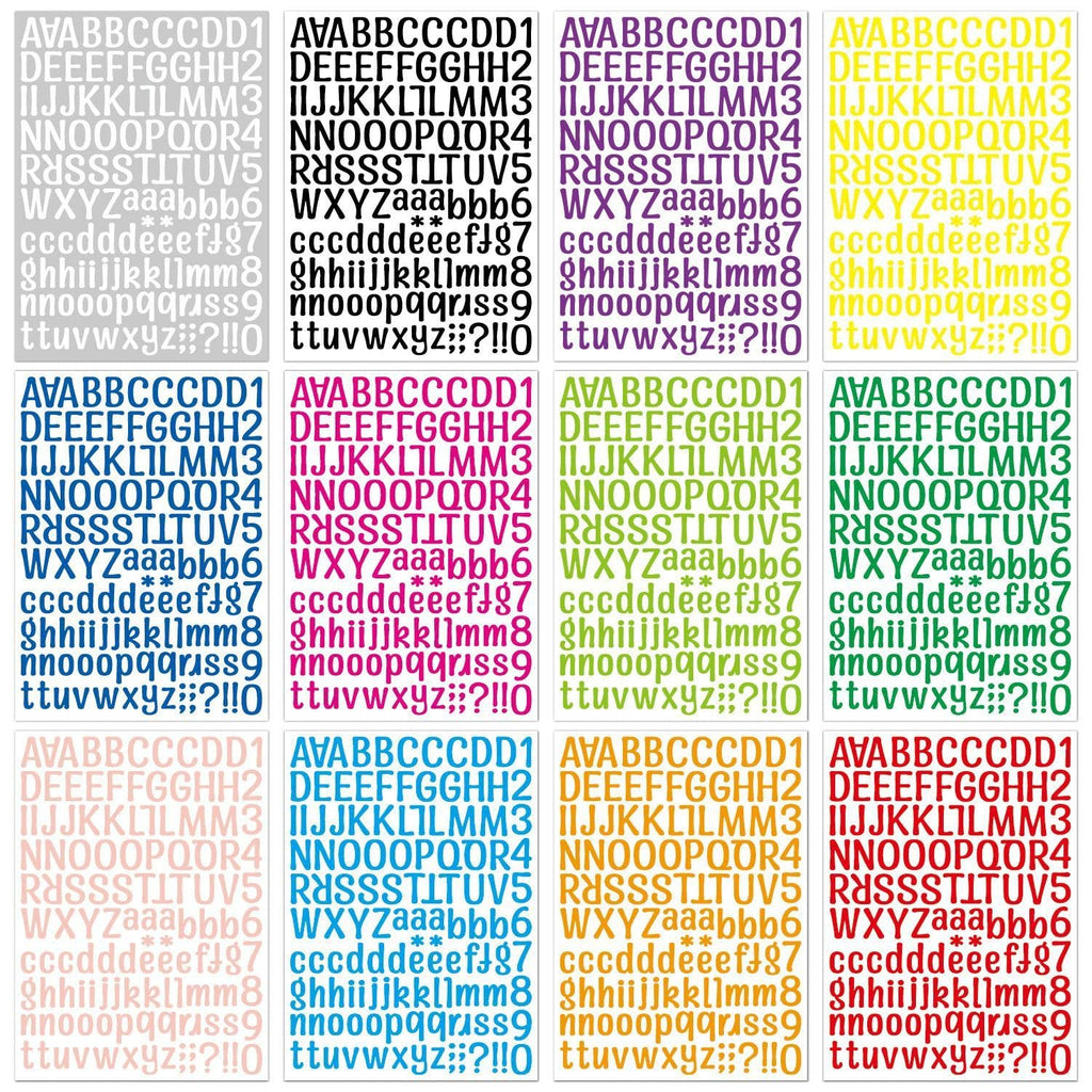 Four sheets of vinyl alphabet and number stickers, each showing rows of letters and numbers on a white background.