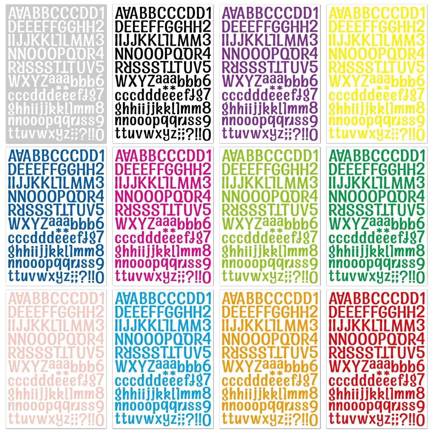 Four sheets of vinyl alphabet and number stickers, each showing rows of letters and numbers on a white background.