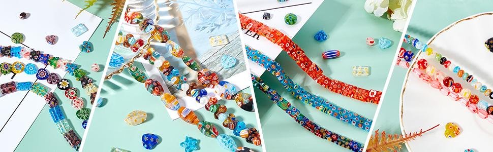 Assortment of colorful millefiori glass beads in various shapes and sizes, arranged on different backgrounds.