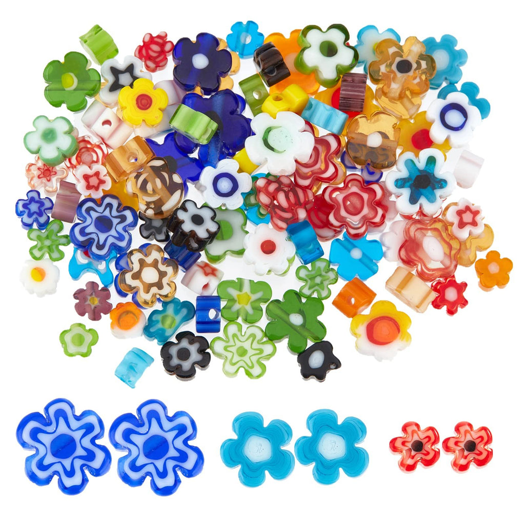 Assortment of colorful millefiori glass beads in flower shapes and small rectangular shapes, displayed on a white background.