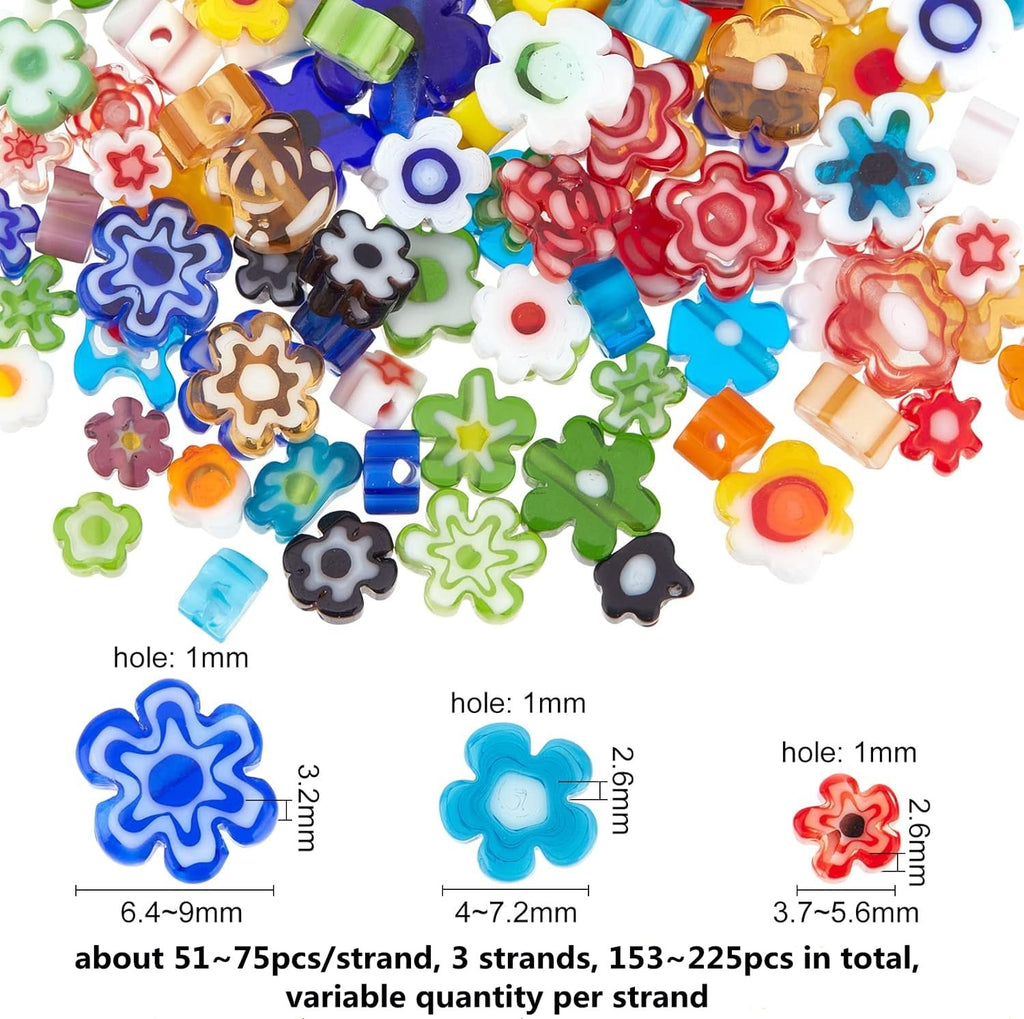 Assortment of colorful flower-shaped millefiori glass beads with size and quantity details.