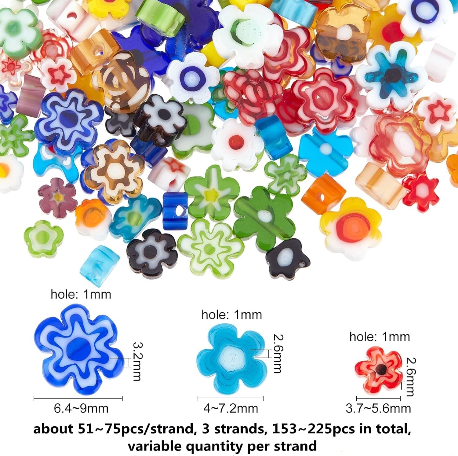 Assortment of colorful flower-shaped millefiori glass beads with size and quantity details.
