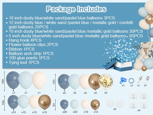 Balloon arch kit contents with various sizes and colors of balloons, hooks, ribbon, and tying tools shown in a grid layout.