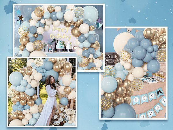 Dusty blue, white sand, and gold balloon arch with 'Happy Birthday' sign and cake in background.