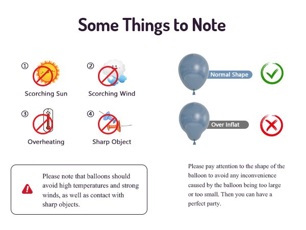 Balloon care instructions showing what to avoid like sun, wind, heat, and sharp objects, plus normal vs overinflated shapes.