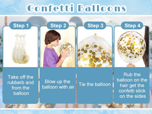 Instructions for inflating confetti balloons: step 1 shows uninflated balloons, step 2 a child blowing one up, step 3 a tied balloon, step 4 a balloon with confetti.