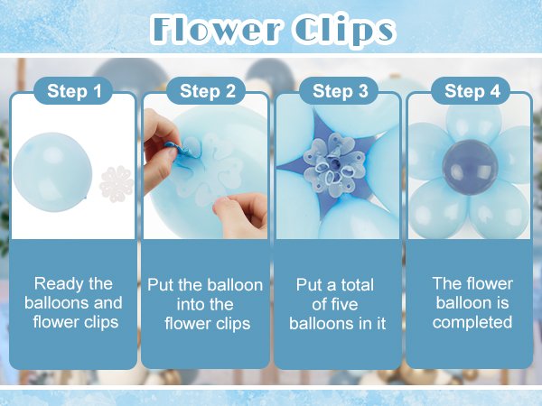 Instructions for creating a flower balloon arrangement using clips and balloons, showing four steps.