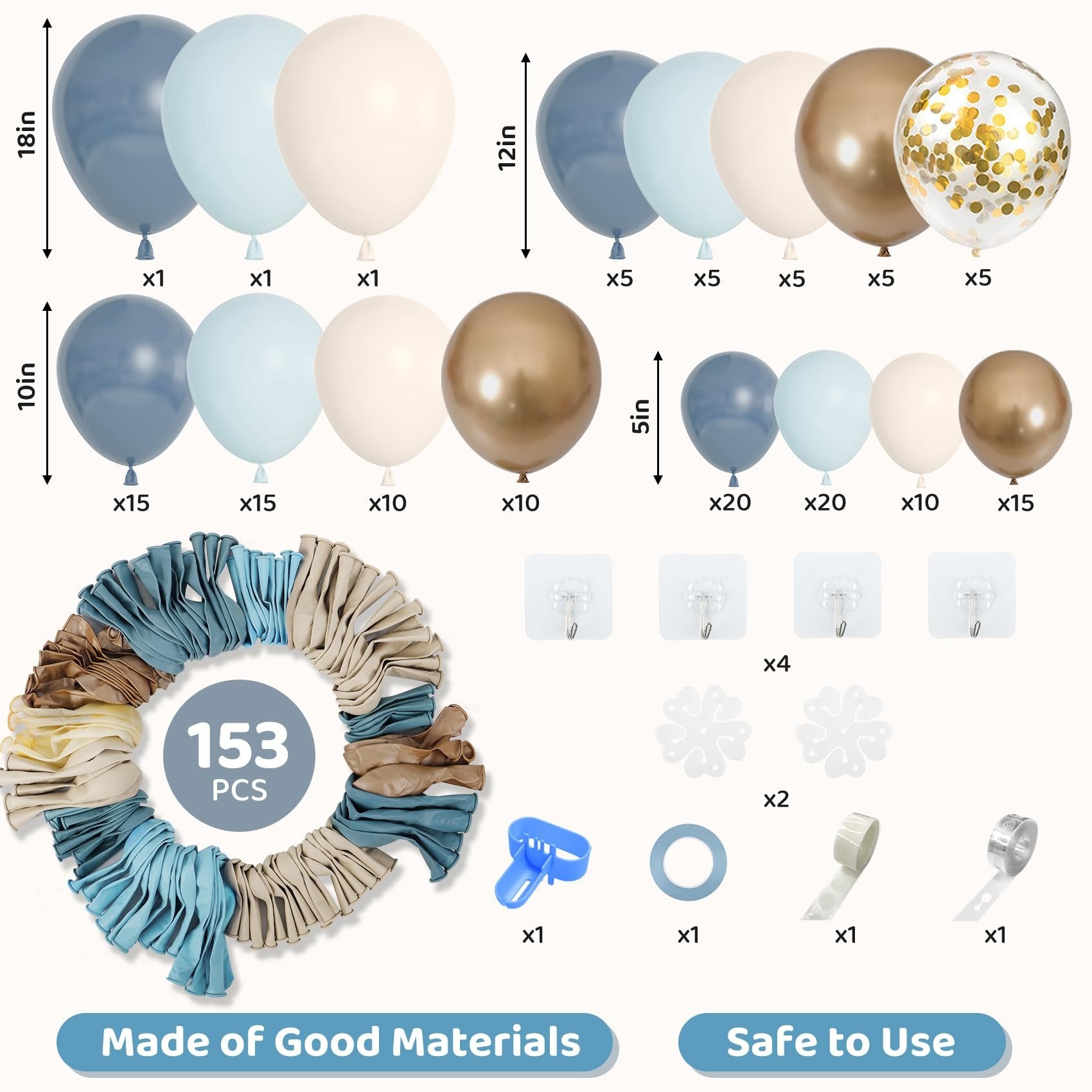 Balloon arch kit with various sizes of dusty blue, white, sand, and gold balloons, plus accessories like tying tool and glue points.