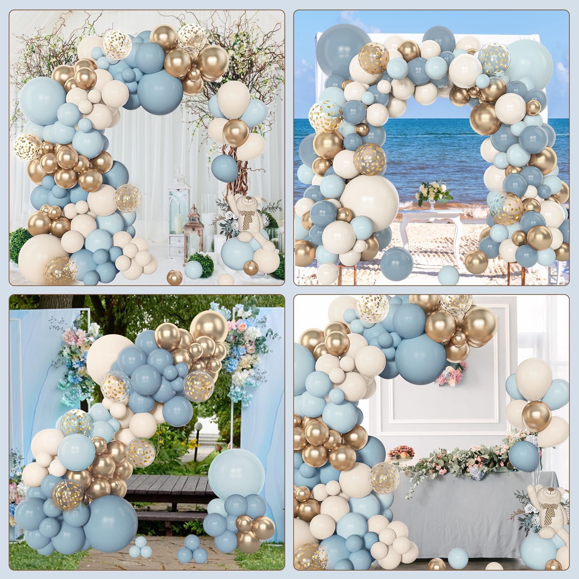 Balloon arch kit in dusty blue, white, and gold with confetti balloons, shown in four different settings.