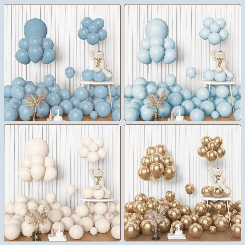 Balloon arch kit in dusty blue, white sand, and gold colors with a teddy bear decoration.