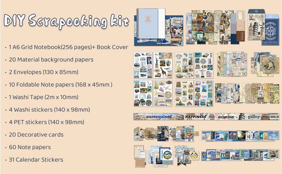Travel-themed DIY scrapbooking kit contents including notebook, papers, stickers, envelopes, and washi tape.