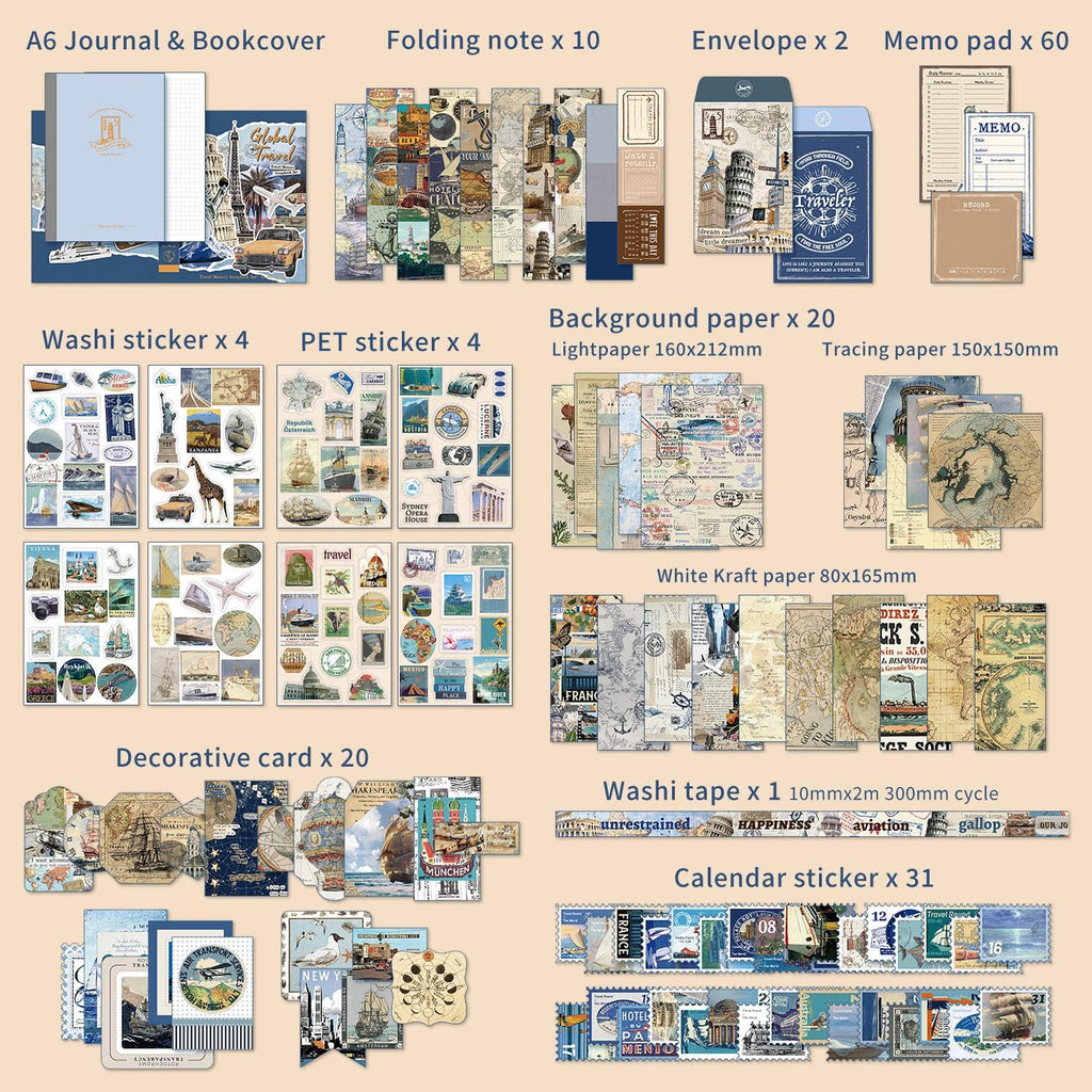 Travel-themed scrapbook kit contents including A6 journal, stickers, envelopes, memo pads, background paper, decorative cards, and washi tape.