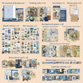 Travel-themed scrapbook kit contents including A6 journal, stickers, envelopes, memo pads, background paper, decorative cards, and washi tape.