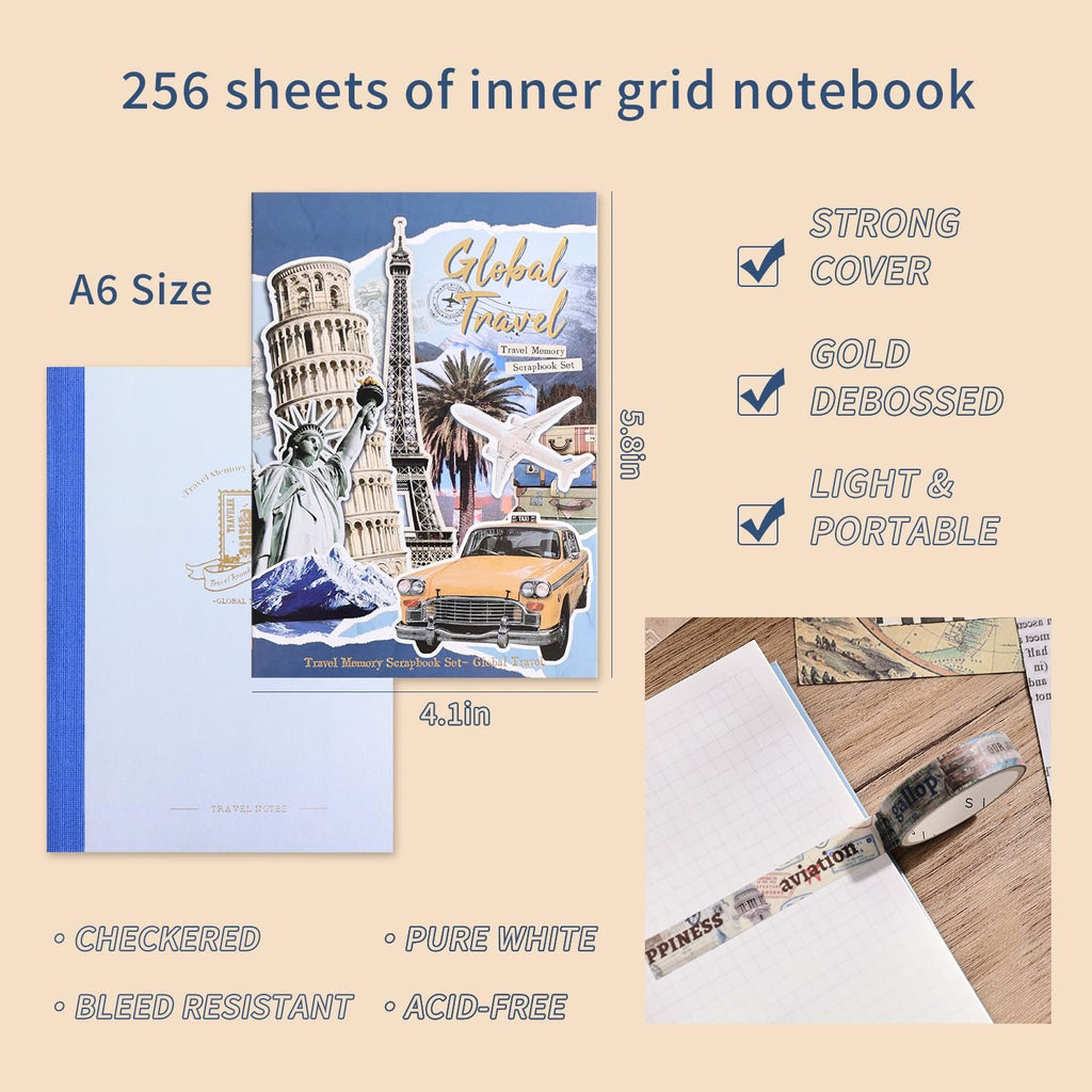 Travel-themed scrapbook kit with A6 grid notebook, stickers, and tape on a wooden surface.