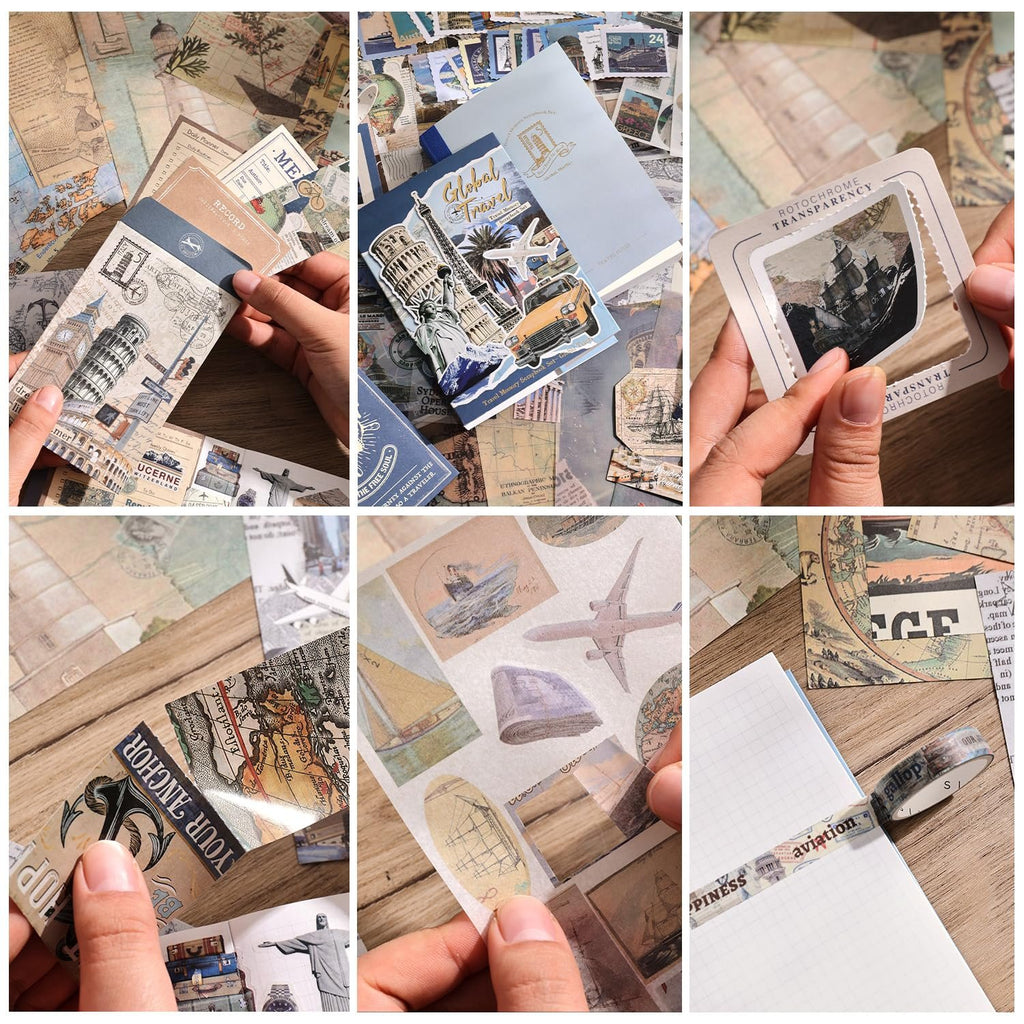 Collage of travel-themed scrapbook supplies including stickers, papers, notebook, and tape.
