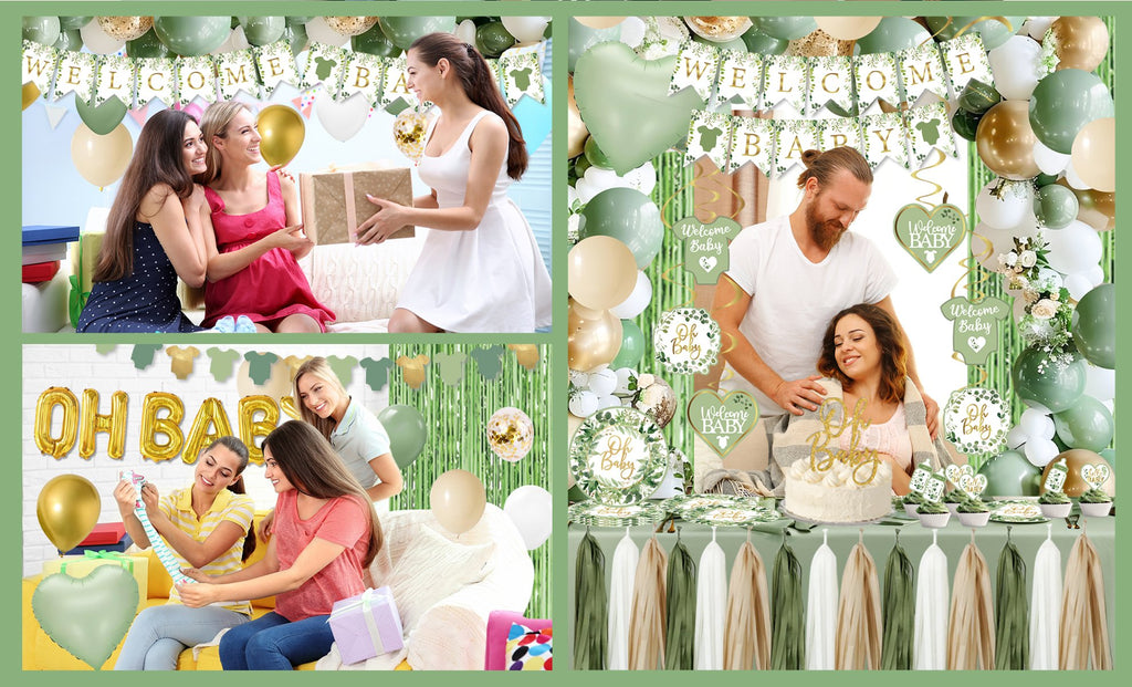 Collage of baby shower decorations including balloons, banners, and a cake with 'Oh Baby' topper.