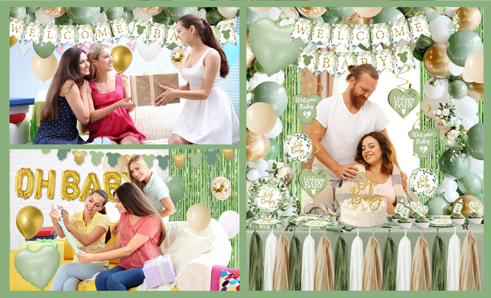 Collage of baby shower decorations including balloons, banners, and a cake with 'Oh Baby' topper.