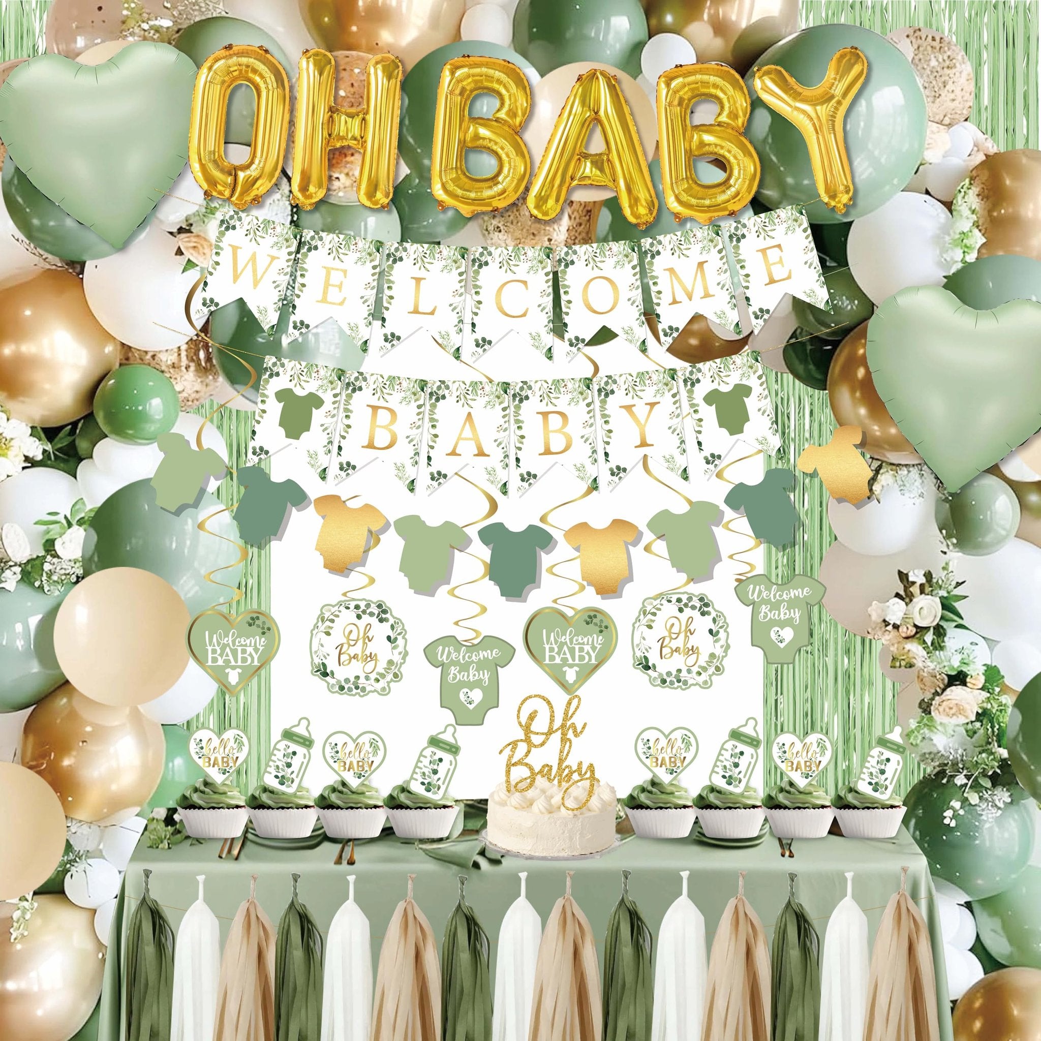 Sage green and gold baby shower decoration kit with balloons, banners, and cake toppers.