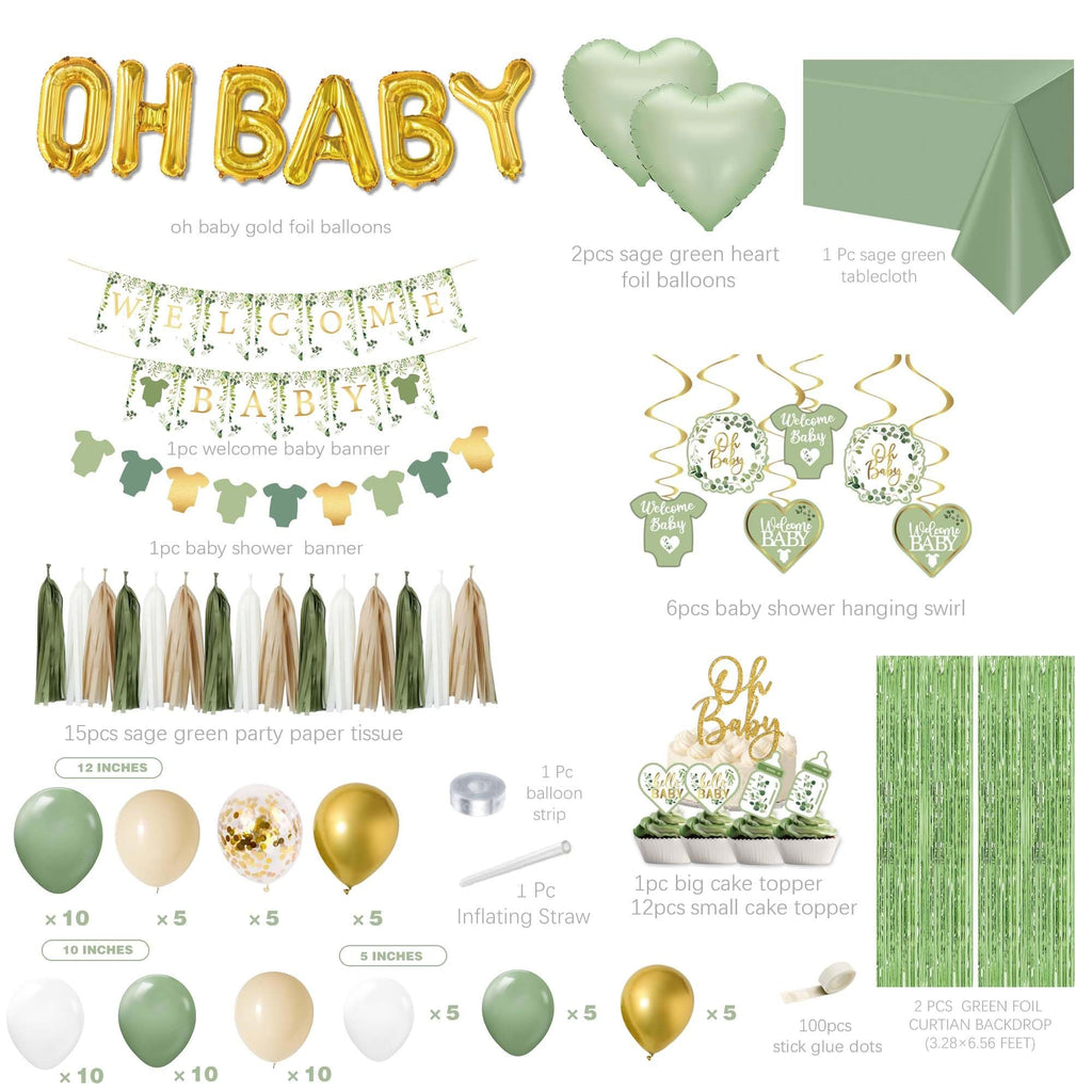 Sage green and gold baby shower decoration kit contents including balloons, banners, tablecloth, cake toppers, and backdrop.