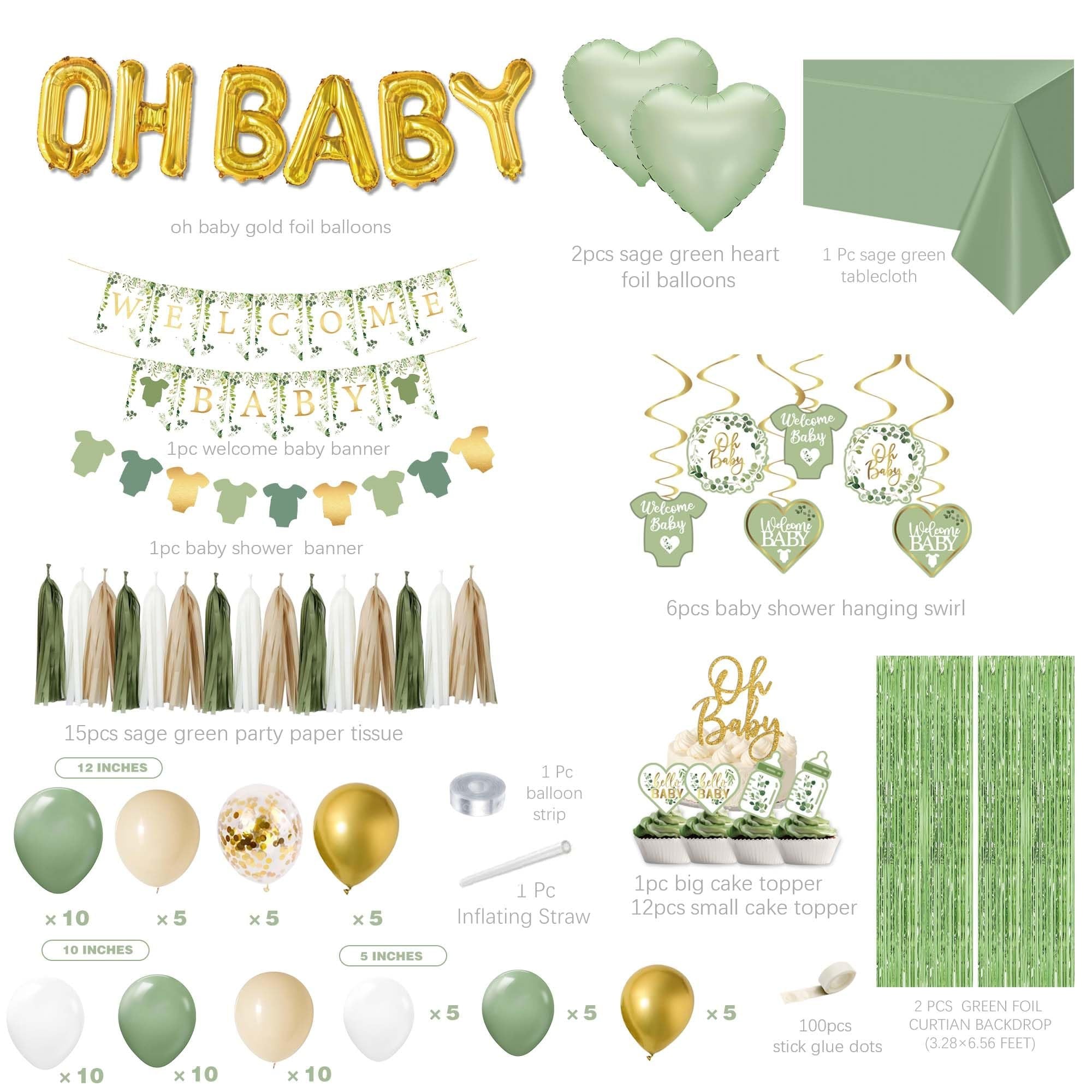 Sage green and gold baby shower decoration kit contents including balloons, banners, tablecloth, cake toppers, and backdrop.