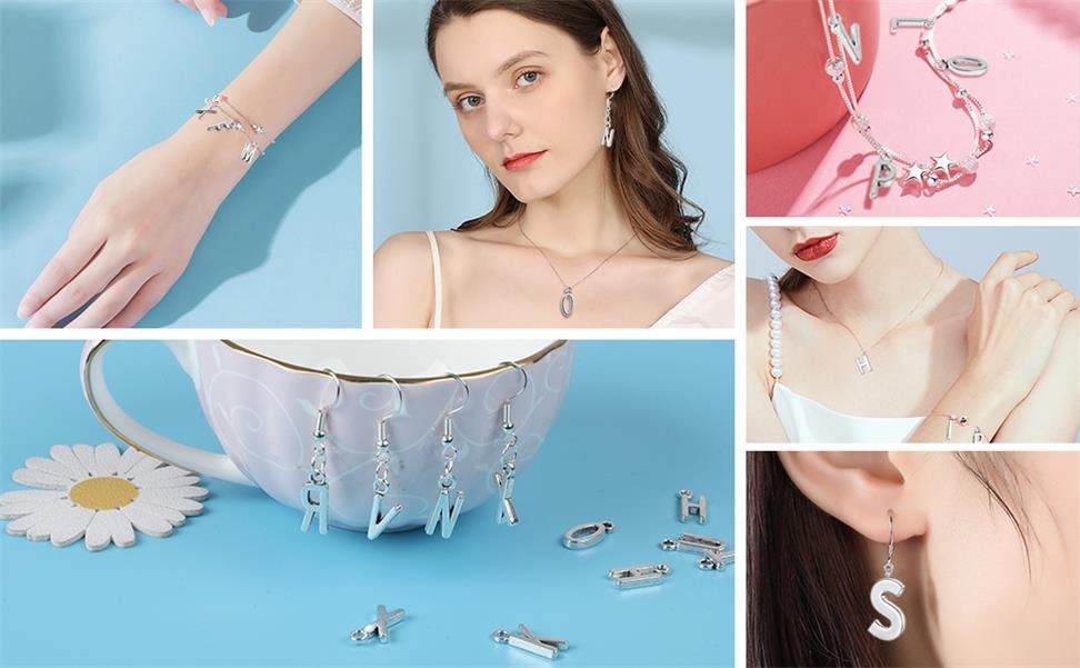Collage of antique silver letter charms and jewelry components, showing bracelet, earrings, and necklaces.