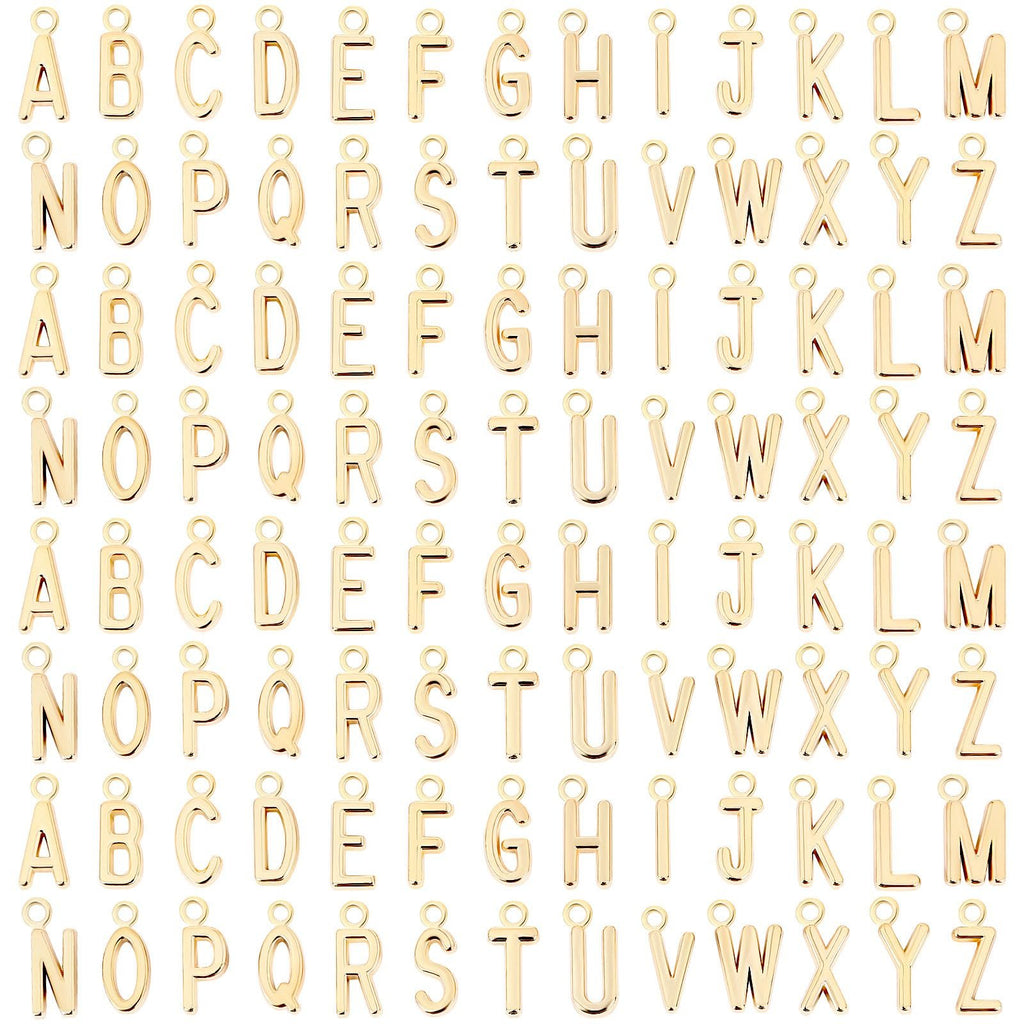 Gold-tone alphabet letter charms arranged in rows on a white background.