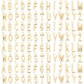 Gold-tone alphabet letter charms arranged in rows on a white background.